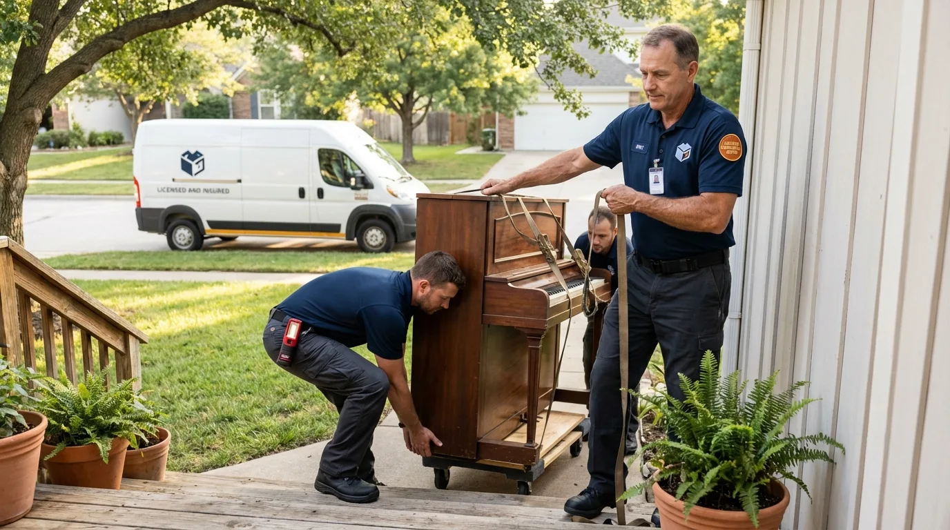 Licensed piano movers securing grand piano in Belvidere, NJ