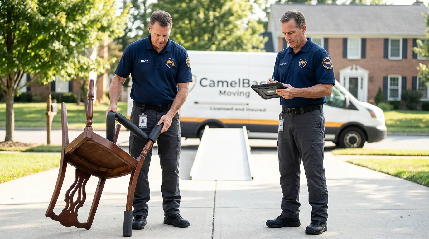 Movers inspecting furniture for damage prevention before loading in Belvidere, NJ