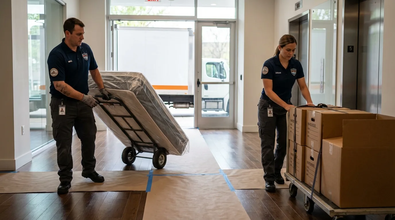 Professional apartment movers loading elevator in Belvidere, NJ