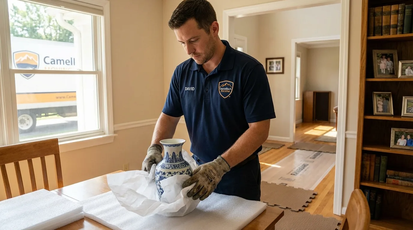 Professional crew carefully wrapping antique vase for senior downsizing move in Belvidere, NJ